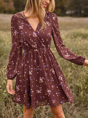 Vista 2 de CUPSHE Vestido floral de otoño para mujer, estilo bohemio, para vacaciones Borgoña Ditsy