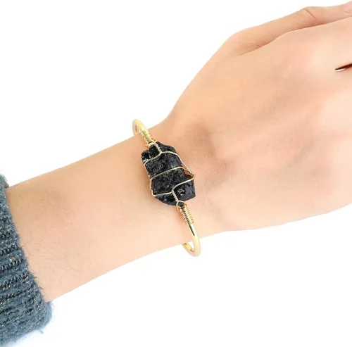 Vista 3 de Top Plaza Brazalete dorado para mujer, pulsera de piedras preciosas envueltas en cristal curativo natural, Piedra Cristal Gema Metal