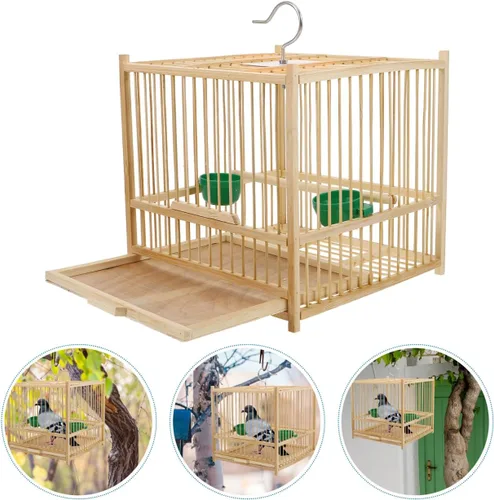Vista 2 de SUPVOX Jaula de bambú para pájaros con decoración de perlas: jaula cuadrada de loro beige de 8.07 pulgadas para pájaros pequeños - Incluye tazas