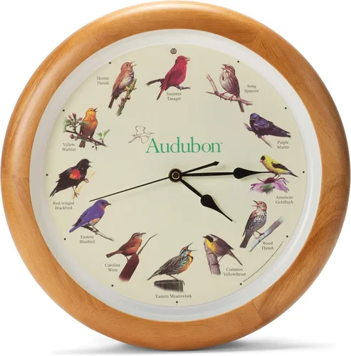 Vista 10 de Mark Feldstein, Audubon - Reloj de pared con diseño de pájaro cantante, 13 pulgadas, cereza prémium