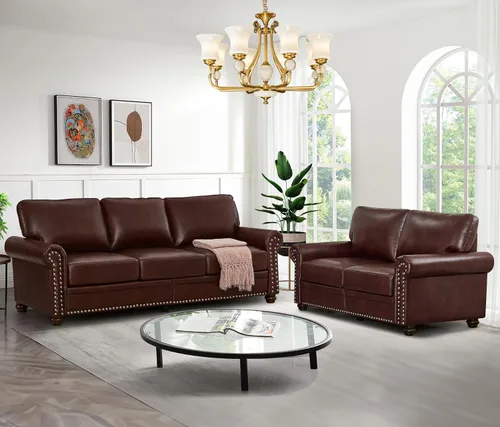 Vista 20 de Antetek Juego de sofá de piel sintética de 3 piezas, sillón moderno de mediados de siglo+sofá biplaza+sofá de 3 plazas con espacio de Marrón