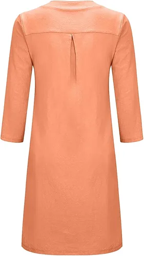 Vista 3 de Vestido de lino y algodón para mujer, manga larga enrollable, longitud media, con botones, con bolsillos