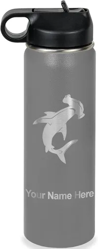 Vista 19 de LaserGram Botella de agua personalizada, tiburón martillo, acero inoxidable de doble pared aislada al vacío con popote superior, regalo grabado