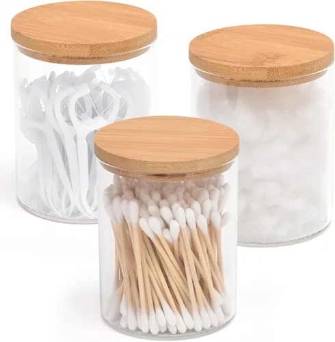 Vista 8 de BKYFPQ Juego de 2 dispensadores de vidrio para Qtip - Tarros de boticario con tapas, organizador de maquillaje de tocador y organizador
