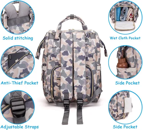 Vista 2 de Mochila para pañales para mamá y papá, bolsa cambiadora de maternidad con correas para cochecito (camuflaje)