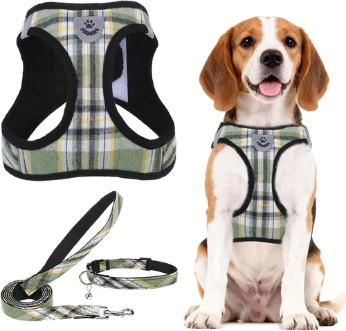 Vista 28 de PUPTECK - Arnés, collar y correa ajustables, sin tirones, para perros pequeños y medianos, cachorros y gatos, pechera reflectante acolchada de malla