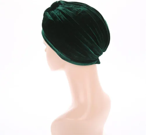 Vista 7 de Sombrero de quimioterapia de terciopelo plisado con volantes elásticos para mujer