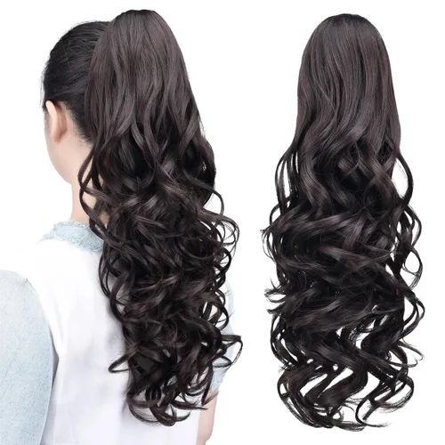 Vista 70 de Extensiones de cola de caballo, extensiones de cabello de cola de caballo con clip de garra marrón oscuro para mujer, pieza de cabello rizado