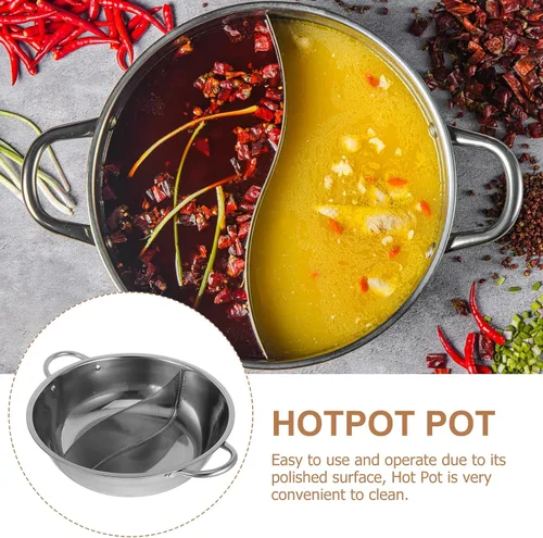 Vista 5 de Hemoton Olla caliente de acero inoxidable con divisor Olla de doble cara para estufa de inducción Estufa de gas para cocinar dos caldos