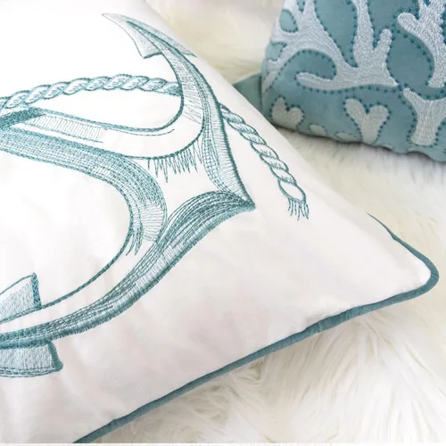 Vista 3 de Funda de almohada bordada de terciopelo verde azulado, con ancla de la serie oceánica, funda de almohada decorativa náutica para decoración