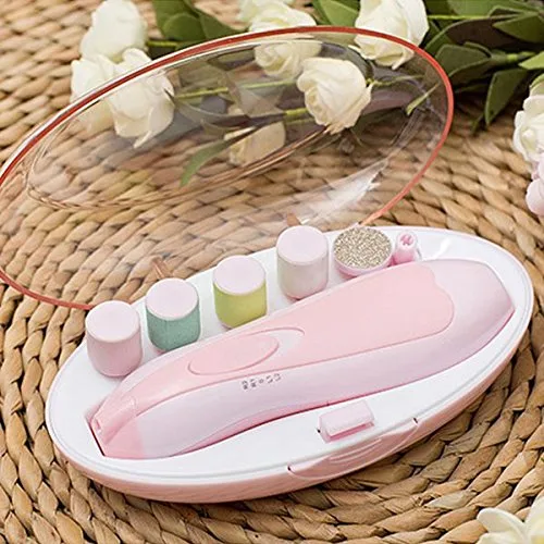 Vista 5 de TOOGOO - Lima de uñas para bebé con cortaúñas, luz LED y 10 cabezales de molienda (rosa), Rosado
