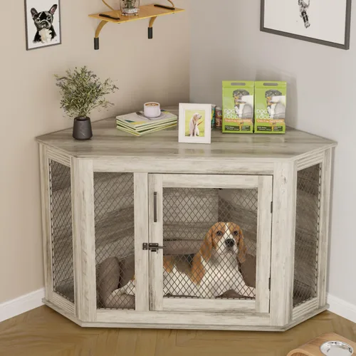 Vista 10 de PUKAMI Muebles de jaula para perros de esquina de 44 pulgadas, muebles de perrera para perros de madera con malla, casa decorativa de madera