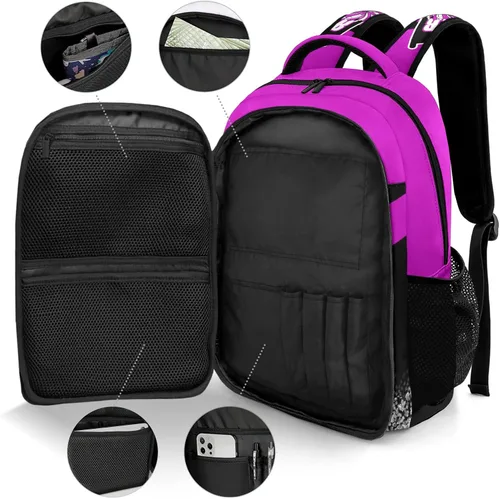 Vista 5 de XOZOTY Mochila de animadora púrpura claro personalizada con nombre para hombres y mujeres, bolso de hombro para computadora portátil, bolsa