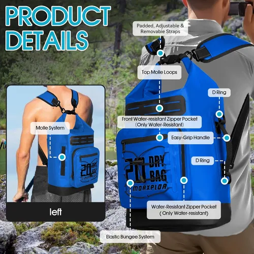 Vista 68 de MORXPLOR Bolsa seca impermeable, 5L/10L/20L/30L/40L/55L Mochila seca con funda impermeable para teléfono para natación, kayak