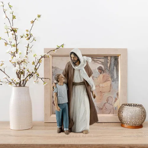 Vista 7 de Escultura de Jesucristo con niño, regalo de la primera comunión para niños, escultura pintada a mano, decoración moderna religiosa del hogar
