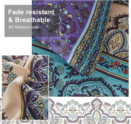 Vista 3 de Cottolester - Juego de edredón bohemio de tamaño matrimonial, 8 piezas, ropa de cama de microfibra suave en una bolsa, rayada y de color aguamarina