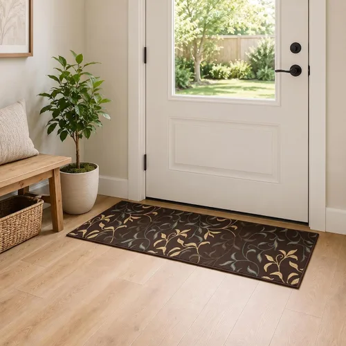 Vista 38 de Ottomanson, colección OttoHome, tapete para corredor con diseño azul claro y damasco (antiderrapante), parte trasera de goma Floral Beige