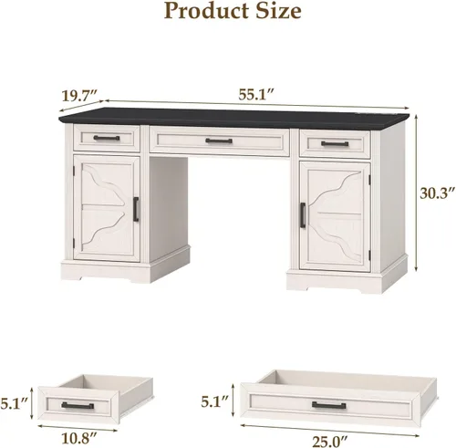 Vista 2 de Halitaa Farmhouse 55.1" Executive Desk with 3 Drawers, Vintage White Antique White