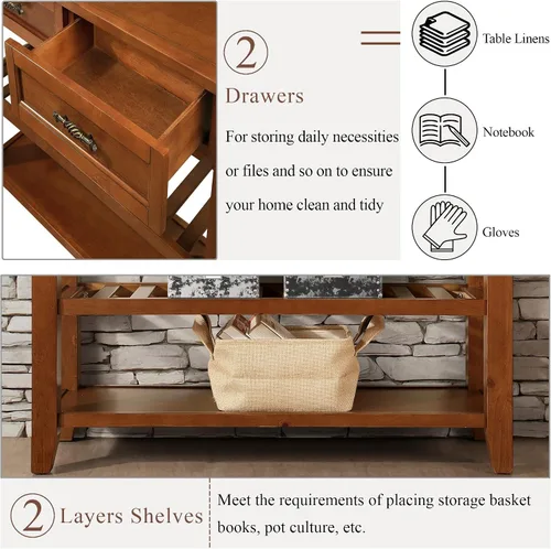 Vista 6 de Mesa consola de madera maciza de 42 pulgadas para entrada, mesa de sofá con cajones Farmhous Sofa Table with Storage Cabinets & Drawers,Solid Wood