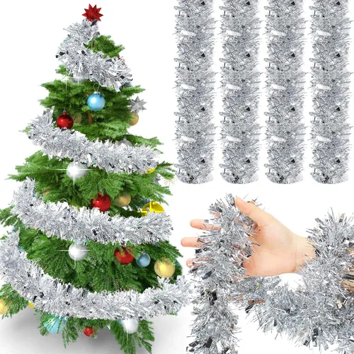 Vista 10 de Guirnalda de Navidad de 72 pies de oropel brillante, guirnalda metálica con brillo, serpentinas, adornos, larga, brillante, guirnalda colgante