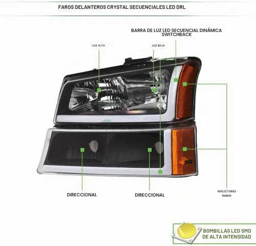 Vista 4 de Switchback - Barra de tubo LED secuencial, carcasa negra, faros delanteros de cristal con lámparas de parachoques de señal, reflector ámbar, 4