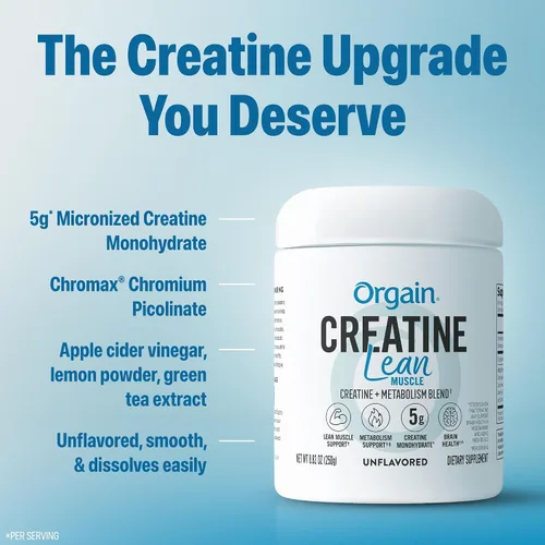 Vista 4 de Orgain Polvo muscular magro de monohidrato de creatina micronizada con mezcla de metabolismo, sin sabor, 50 porciones, apoya la fuerza muscular