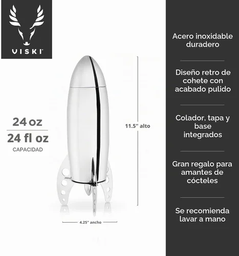 Vista 3 de Coctelera cohete de acero inoxidable Irving de Viski – coctelera con colador (24 onzas). Capacidad