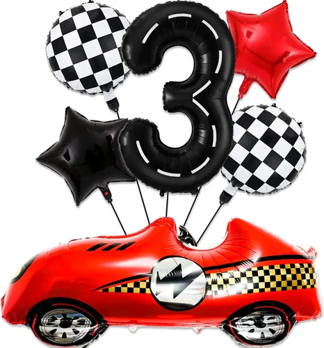 Vista 9 de Decoraciones de cumpleaños de carreras de 1 año, globos rojos grandes de coche de carreras de 40 pulgadas, globo negro número 1, globo a cuadros