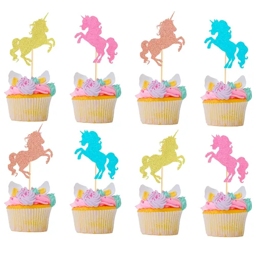 Vista 8 de 24 piezas de decoración de cupcakes de cuerno de unicornio para temática de unicornio, baby shower, cumpleaños, boda, compromiso, fiesta Cuerno