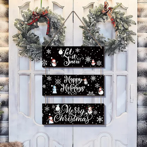 Vista 4 de Gerrii 3 piezas de decoración rústica de madera para colgar en la pared, deja que nieve, decoración de pared de Navidad, adornos de madera, letrero