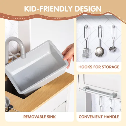 Vista 3 de BRINJOY Juego de cocina para niños, cocina de madera para niños con grifo, fregadero, estufa, horno, utensilios de cocina, gabinetes de Blanco