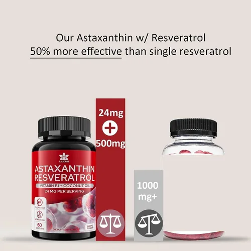 Vista 6 de Suplementos de astaxantina de 24 mg con resveratrol, vitamina B1, aceite de coco, antioxidantes orgánicos de algas para hombres y mujeres