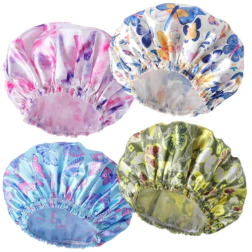 Vista 17 de 4 piezas de gorros de ducha para mujer, gorros de baño con estampado, gorro de ducha de doble capa reutilizable e impermeable, gorros de ducha