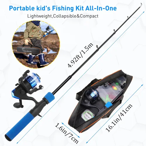 Vista 3 de Kit de caña de pescar para niños, caña telescópica de 59 pulgadas y carrete para principiantes con carrete Spincast, caja de aparejos, bolsa