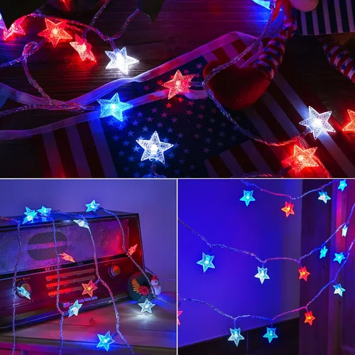 Vista 7 de Luces decorativas del 4 de julio, color rojo, blanco y azul, funciona con pilas, 50 LED, cadena patriótica de estrellas de 20 pies, 8 modos