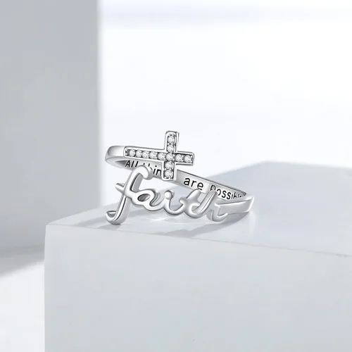Vista 3 de Anillo de fe, anillos de cruz, anillo de cruz ajustable de plata de ley, regalo de joyería inspiradora cristiana para mujeres, niñas, hija, novia
