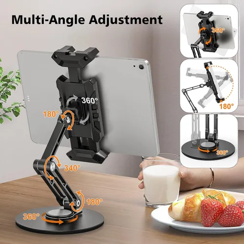 Vista 4 de Soporte para iPad, soporte de escritorio para tableta, oficina, cocina, dormitorio, base giratoria de 360°, ajustable, plegable, soporte