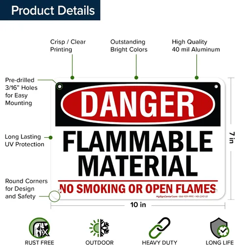 Vista 6 de Cartel de peligro de material inflamable No Smoking or Open Flames, 7 x 10 pulgadas, libre de óxido, aluminio 040, resistente a la decoloración