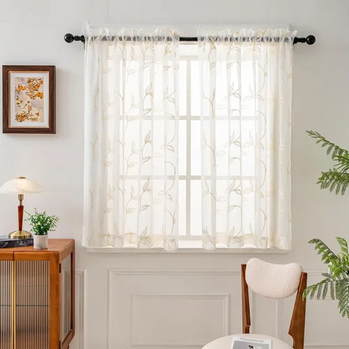 Vista 70 de VISIONTEX 2 paneles de cortinas traslúcidas de 63 in de largo, cortinas de gasa semitransparentes bordadas con hojas florales beige, bolsillo