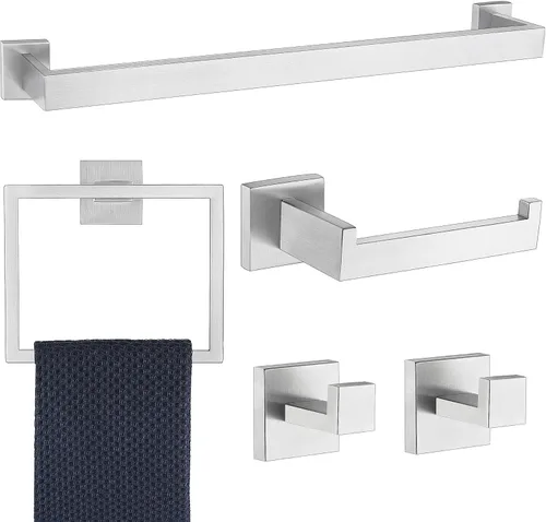 Vista 25 de Juego de 5 piezas de accesorios de ferretería para baño en negro mate, juego de toalleros cuadrados de 16 pulgadas para baño, juego de barras