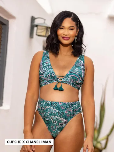 Vista 4 de CUPSHE Conjunto de bikini para mujer con cuello en V profundo con cordones en la parte delantera de cintura alta