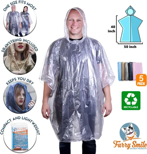 Vista 3 de Ponchos de lluvia desechables paquete familiar para adultos, poncho de lluvia ligero de emergencia impermeable para mujeres y hombres con capucha
