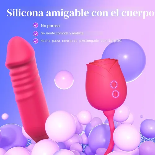 Vista 9 de Consolador vibrador juguetes sexuales para mujeres, juguete sexual MOOLIGIRL Rose con vibradores de punto G de empuje y 10 modos de succión