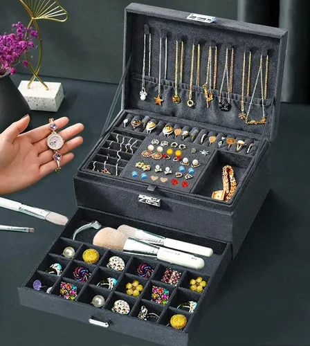Vista 6 de Joyeros para mujer, organizador de joyas de terciopelo gris con cerradura, organizadores de joyas para adolescentes, organizador de joyas