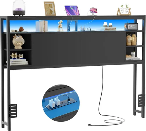 Vista 9 de Unikito Cabecera individual con almacenamiento, cabeceros con toma de corriente y luces LED inteligentes, cabecera resistente para cama