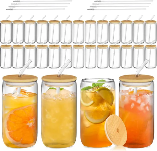 Vista 10 de 12 vasos de vidrio con tapas y pajitas de bambú, vaso de vidrio de 16 onzas, taza de café helado, vasos con forma de lata para café, té, batido