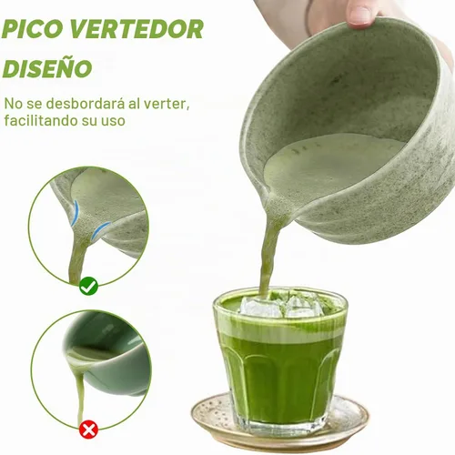 Vista 3 de Juego de batidor de matcha, cuenco de cerámica de 17 onzas con boquilla, cuchara de bambú y tamiz inoxidable, kit de 5 piezas de matcha verde jade