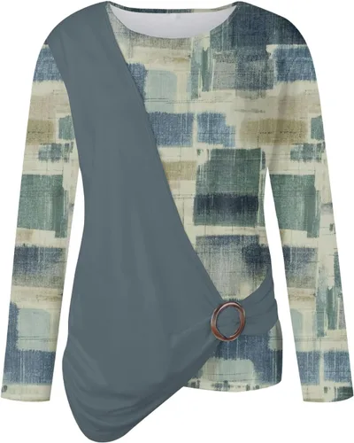 Vista 5 de Camisetas de manga larga con estampado de dos piezas para mujer, con cuello redondo apilado, túnica a la moda
