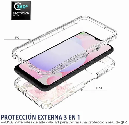 Vista 3 de Funda para Galaxy A13 4G/A13 LTE 4G SM-A135F con protector de pantalla de vidrio templado, cuerpo completo, diseño floral, a prueba de golpes, funda