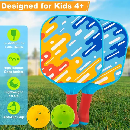 Vista 2 de Outdoor Toys for Kids Pickleball Paddles - Outside Beach Yard Games Toy for Kid Ages 4-5-6-7-8-12 Year Old Boys & Girls Gifts, Balls Set of 2
